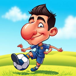 A humorous cartoon-style portrayal of a famous soccer player, resembling Cristiano Ronaldo, with an exaggeratedly large nose