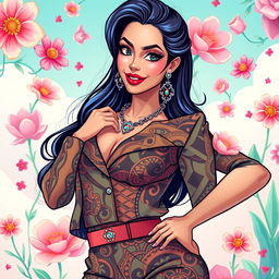 A close-up of a vibrant, colorful artistic illustration depicting a confident, alluring woman in a stylish outfit with intricate patterns
