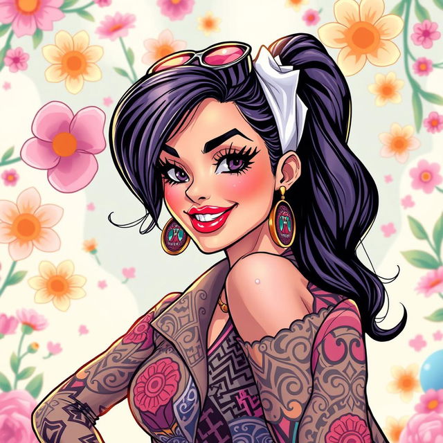 A close-up of a vibrant, colorful artistic illustration depicting a confident, alluring woman in a stylish outfit with intricate patterns