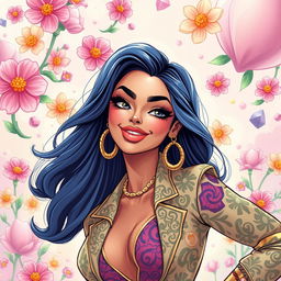 A close-up of a vibrant, colorful artistic illustration depicting a confident, alluring woman in a stylish outfit with intricate patterns
