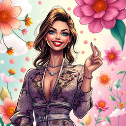 A close-up of a vibrant, colorful artistic illustration depicting a confident, alluring woman in a stylish outfit with intricate patterns