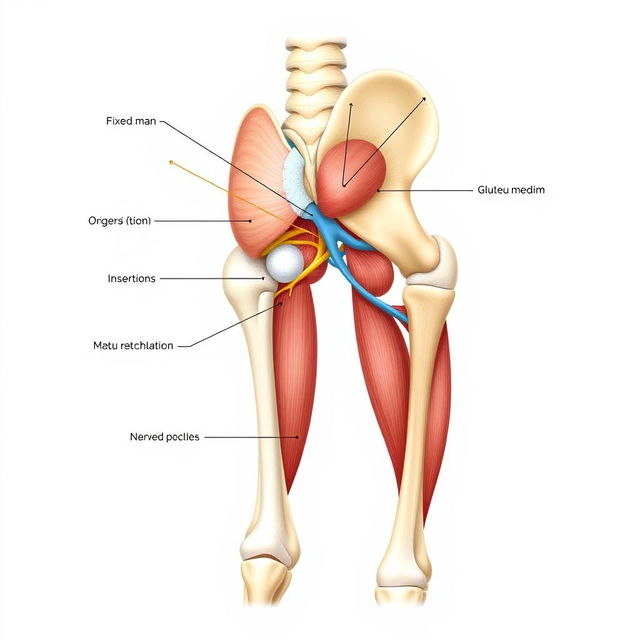 A detailed anatomical illustration of the gluteus medius muscle, showcasing both its fixed and movable attachments