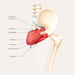 A detailed anatomical illustration of the gluteus medius muscle, showcasing both its fixed and movable attachments