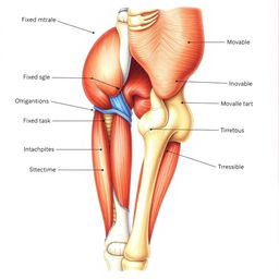 A detailed anatomical illustration of the gluteus medius muscle, showcasing both its fixed and movable attachments
