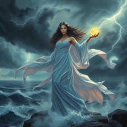 A captivating scene of a powerful goddess standing on a cliff overlooking a stormy ocean, her flowing gown billowing in the wind, the fabric shimmering with ethereal colors