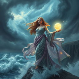 A captivating scene of a powerful goddess standing on a cliff overlooking a stormy ocean, her flowing gown billowing in the wind, the fabric shimmering with ethereal colors