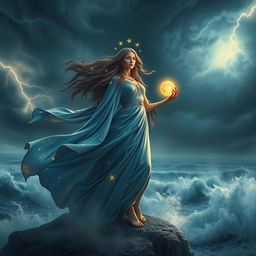 A captivating scene of a powerful goddess standing on a cliff overlooking a stormy ocean, her flowing gown billowing in the wind, the fabric shimmering with ethereal colors