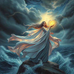 A captivating scene of a powerful goddess standing on a cliff overlooking a stormy ocean, her flowing gown billowing in the wind, the fabric shimmering with ethereal colors
