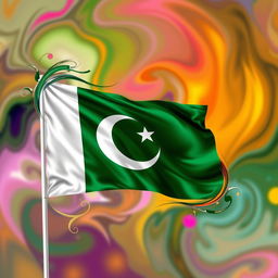 A vibrant, artistic rendition of the Pakistan flag displayed prominently against a beautifully blended, abstract background