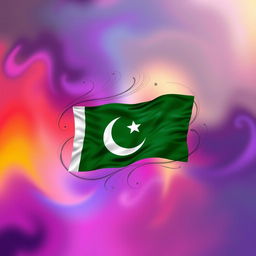 A vibrant, artistic rendition of the Pakistan flag displayed prominently against a beautifully blended, abstract background