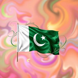 A vibrant, artistic rendition of the Pakistan flag displayed prominently against a beautifully blended, abstract background