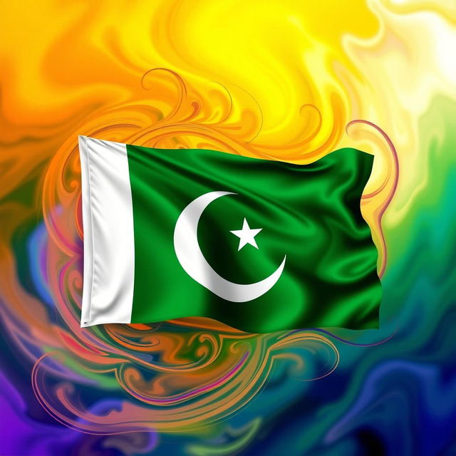 A vibrant, artistic rendition of the Pakistan flag displayed prominently against a beautifully blended, abstract background