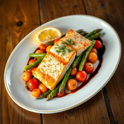A beautifully arranged gourmet dish featuring succulent pan-seared salmon fillet placed atop a vibrant bed of sautéed seasonal vegetables like asparagus and cherry tomatoes