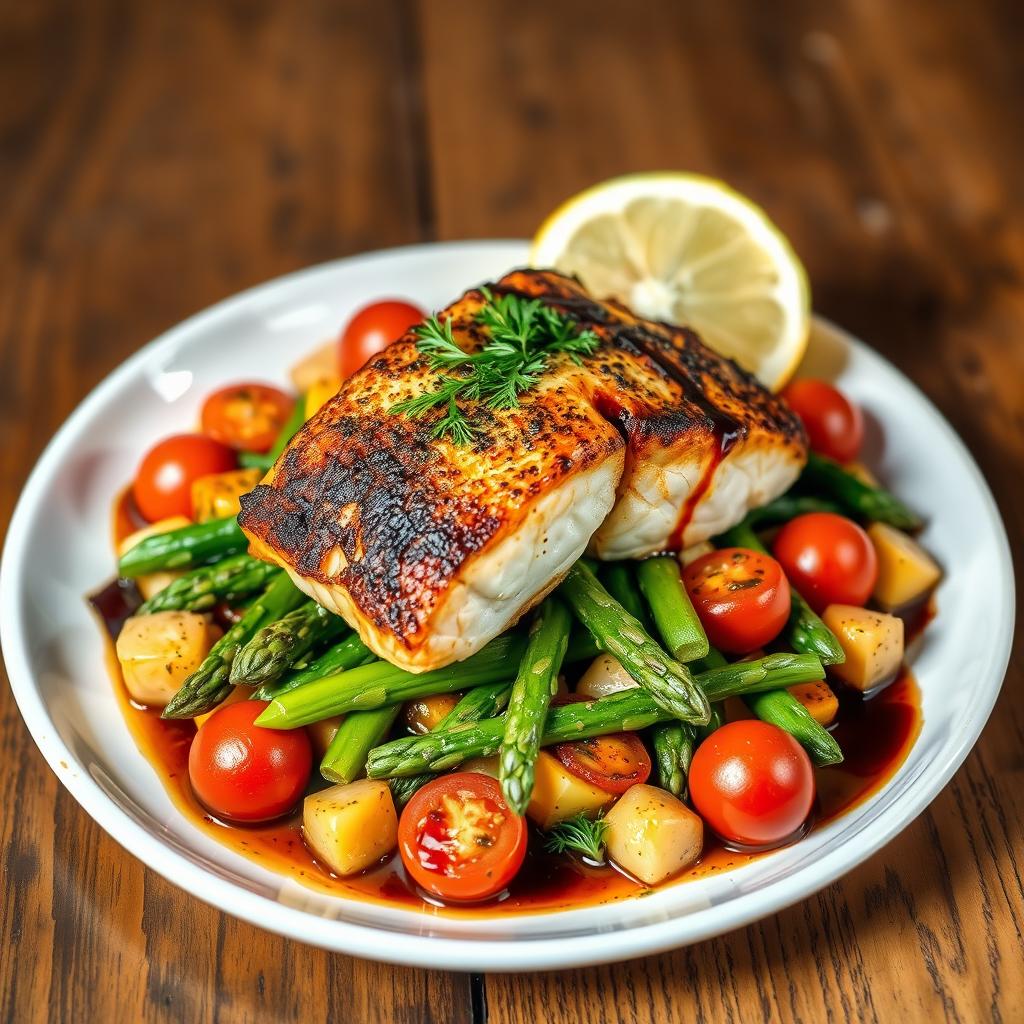 A beautifully arranged gourmet dish featuring succulent pan-seared salmon fillet placed atop a vibrant bed of sautéed seasonal vegetables like asparagus and cherry tomatoes