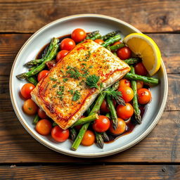 A beautifully arranged gourmet dish featuring succulent pan-seared salmon fillet placed atop a vibrant bed of sautéed seasonal vegetables like asparagus and cherry tomatoes