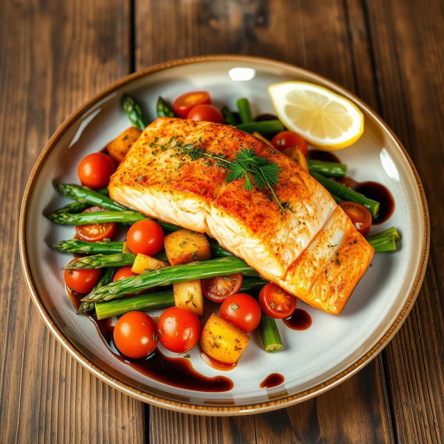 A beautifully arranged gourmet dish featuring succulent pan-seared salmon fillet placed atop a vibrant bed of sautéed seasonal vegetables like asparagus and cherry tomatoes