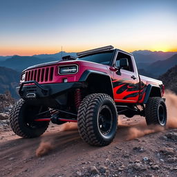 A powerful and rugged off-road truck parked on a rocky mountain trail, showcasing its aggressive design with oversized tires and a custom paint job in vibrant red and black