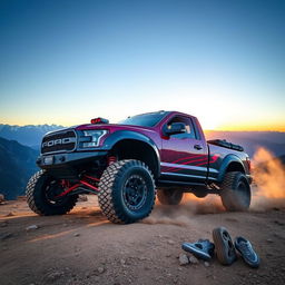 A powerful and rugged off-road truck parked on a rocky mountain trail, showcasing its aggressive design with oversized tires and a custom paint job in vibrant red and black