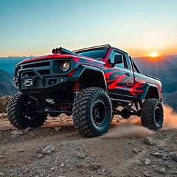 A powerful and rugged off-road truck parked on a rocky mountain trail, showcasing its aggressive design with oversized tires and a custom paint job in vibrant red and black