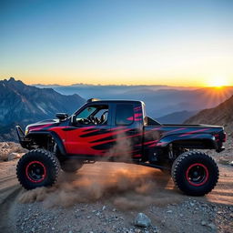 A powerful and rugged off-road truck parked on a rocky mountain trail, showcasing its aggressive design with oversized tires and a custom paint job in vibrant red and black