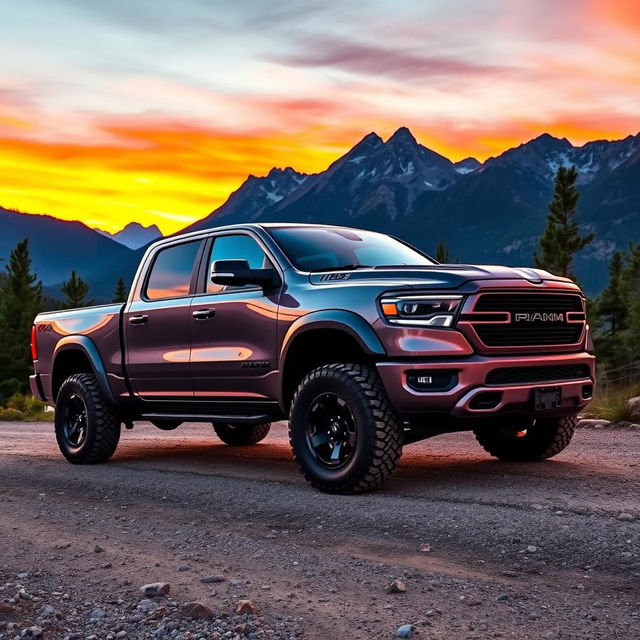 A powerful and impressive pickup truck parked on a rugged mountain road, showcasing its shiny metallic body in a vibrant sunset