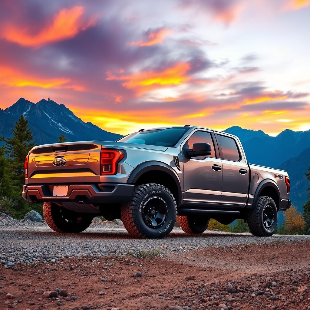 A powerful and impressive pickup truck parked on a rugged mountain road, showcasing its shiny metallic body in a vibrant sunset