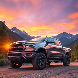A powerful and impressive pickup truck parked on a rugged mountain road, showcasing its shiny metallic body in a vibrant sunset