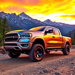 A powerful and impressive pickup truck parked on a rugged mountain road, showcasing its shiny metallic body in a vibrant sunset