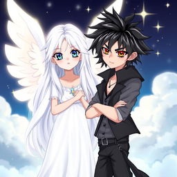 A scene depicting a beautiful angelic girl with long, flowing white hair and striking blue eyes, standing gracefully in a celestial setting