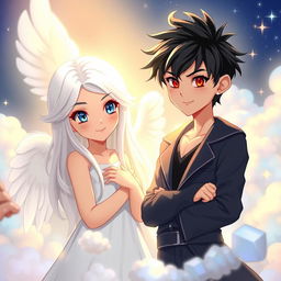 A scene depicting a beautiful angelic girl with long, flowing white hair and striking blue eyes, standing gracefully in a celestial setting