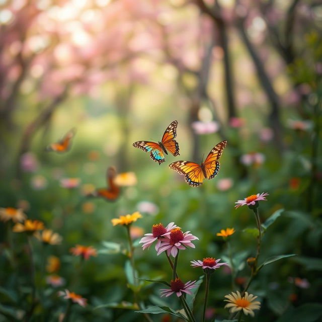 A captivating butterfly background with vivid colors and intricate patterns, featuring a softly blurred forest or garden scene filled with lush greenery and blooming flowers