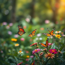 A captivating butterfly background with vivid colors and intricate patterns, featuring a softly blurred forest or garden scene filled with lush greenery and blooming flowers