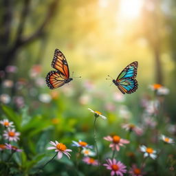 A captivating butterfly background with vivid colors and intricate patterns, featuring a softly blurred forest or garden scene filled with lush greenery and blooming flowers