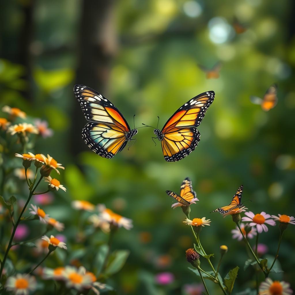 A captivating butterfly background with vivid colors and intricate patterns, featuring a softly blurred forest or garden scene filled with lush greenery and blooming flowers