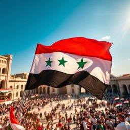 A vibrant and dynamic representation of the flag of the Syrian revolution waving majestically in Umayyad Square, featuring the distinctive red, white, and black horizontal stripes with stars