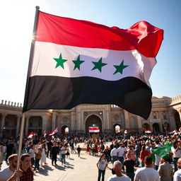 A vibrant and dynamic representation of the flag of the Syrian revolution waving majestically in Umayyad Square, featuring the distinctive red, white, and black horizontal stripes with stars