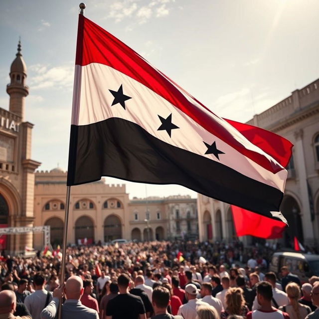 A vibrant and dynamic representation of the flag of the Syrian revolution waving majestically in Umayyad Square, featuring the distinctive red, white, and black horizontal stripes with stars