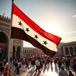 A vibrant and dynamic representation of the flag of the Syrian revolution waving majestically in Umayyad Square, featuring the distinctive red, white, and black horizontal stripes with stars