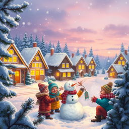 A cozy and festive winter scene depicting a small, idyllic village covered in snow