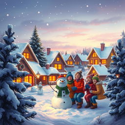 A cozy and festive winter scene depicting a small, idyllic village covered in snow