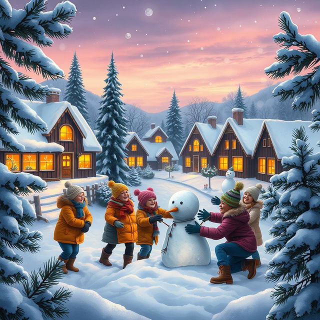 A cozy and festive winter scene depicting a small, idyllic village covered in snow