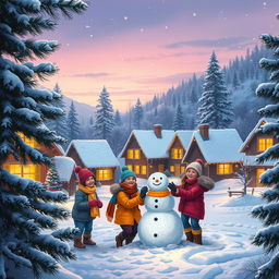 A cozy and festive winter scene depicting a small, idyllic village covered in snow