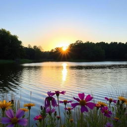 An image of a serene landscape featuring a tranquil lake surrounded by lush green trees under a clear blue sky