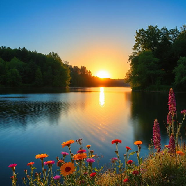 An image of a serene landscape featuring a tranquil lake surrounded by lush green trees under a clear blue sky