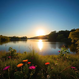 An image of a serene landscape featuring a tranquil lake surrounded by lush green trees under a clear blue sky