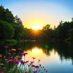 An image of a serene landscape featuring a tranquil lake surrounded by lush green trees under a clear blue sky