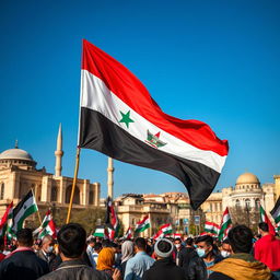 A vibrant and striking image of a revolutionary flag waving proudly in the heart of Damascus, Syria