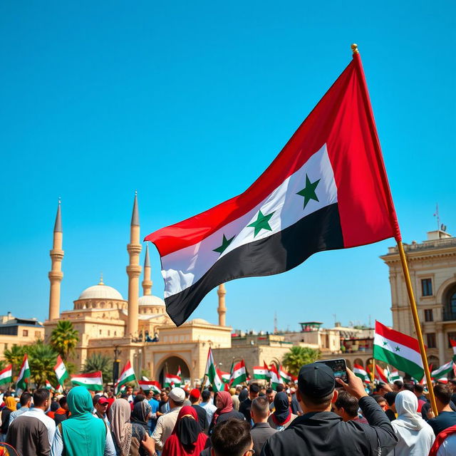 A vibrant and striking image of a revolutionary flag waving proudly in the heart of Damascus, Syria