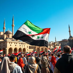 A vibrant and striking image of a revolutionary flag waving proudly in the heart of Damascus, Syria