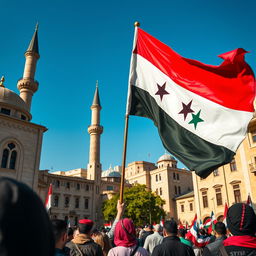 A vibrant and striking image of a revolutionary flag waving proudly in the heart of Damascus, Syria